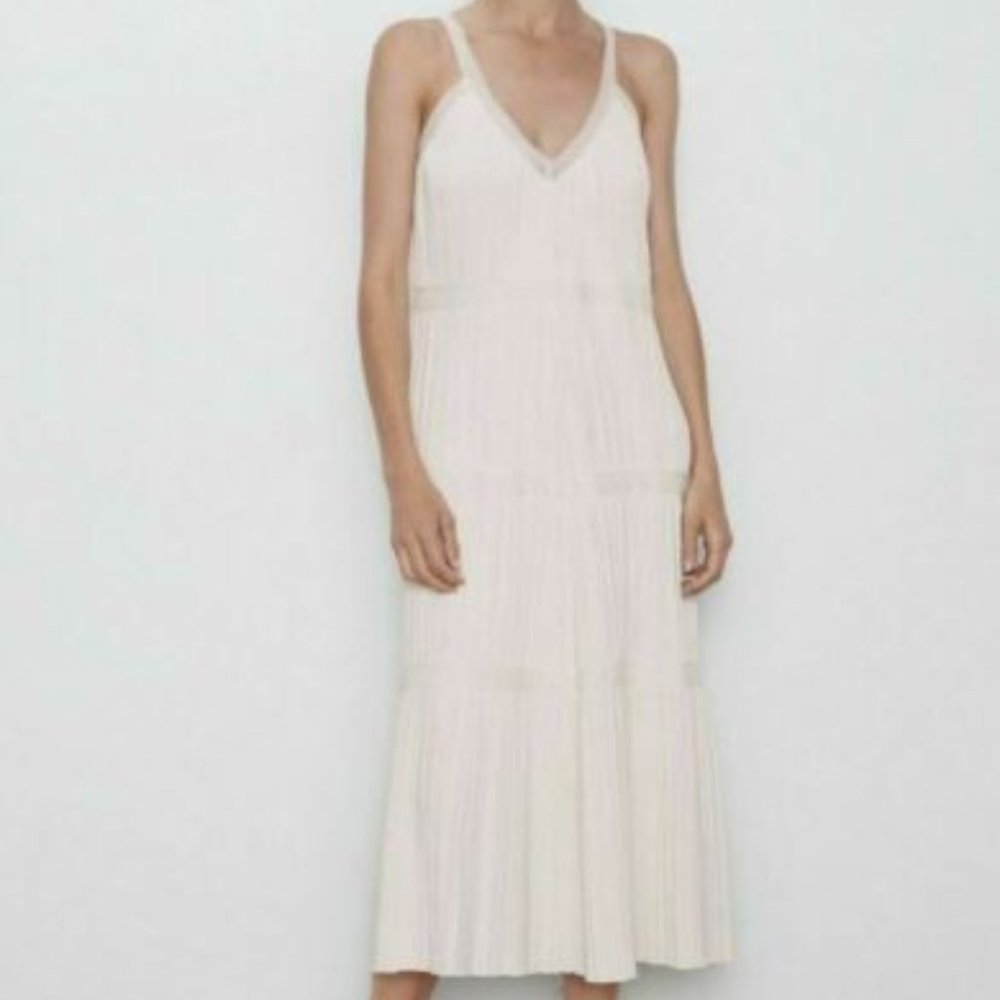 ZARA BANDAGE Knit Pleated Midi Dress Ivory Stretch Sleeveless V Neck Viscose L - Picture 4 of 16
